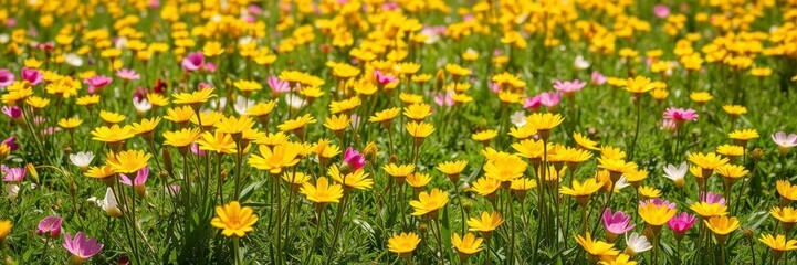 Fototapeta premium Vibrant yellow daffodil flowers blooming in a lush green field under the bright sun, growth, nature, beauty
