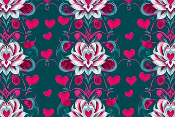 Romantic Teal Damask Pattern:  A captivating seamless pattern featuring elegant damask designs intertwined with hearts, perfect for Valentine's Day or romantic projects.