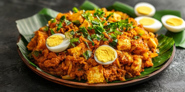 A street food stall with a plate of Sri Lankan kottu roti garnished with eggs