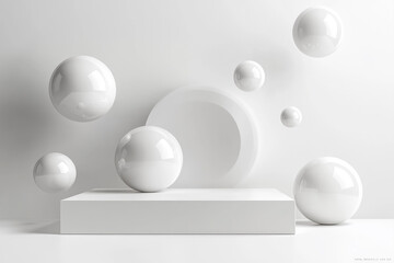 white background with spheres and a marble podium for product presentation