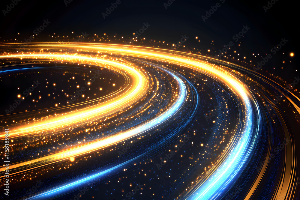 Poster abstract swirling light trails in shades of gold and blue, creating a dynamic and energetic composit