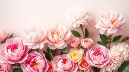 Vintage style artificial flowers wall background with delicate pink roses, peonies, and hydrangeas in muted pastel tones, pastel tones, wall