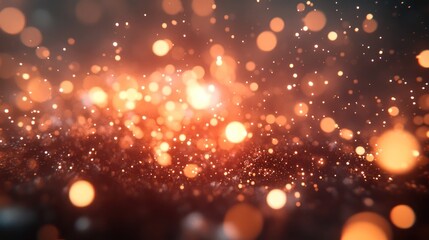 Abstract bokeh background with orange and gold glitter particles.