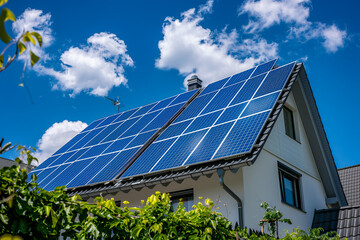 A modern house with solar panels on the roof, showcasing sustainable energy technology.