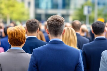 Group of business professionals in suits gathering for a corporate meeting or conference