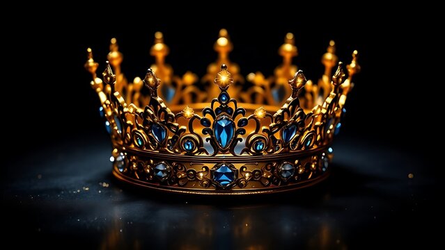 Golden crown of a king or queen at low angle against black background