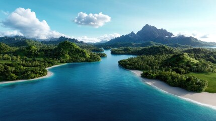 Fototapeta premium Serene tropical landscape with lush greenery and clear waters.