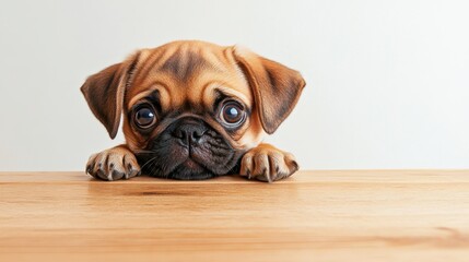 Adorable pug puppy resting its chin on a wooden table, showcasing big, expressive eyes.