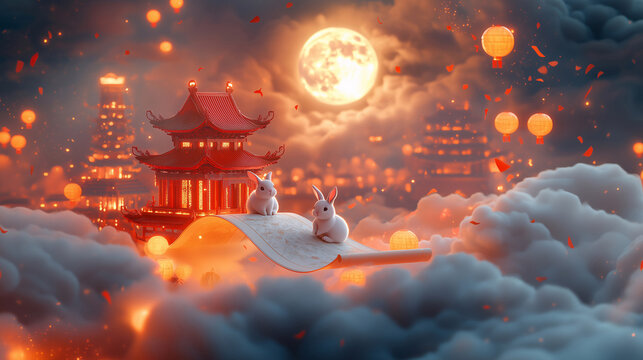 White rabbit under the moon in a Chinese building, mid-autumn festival, auspicious clouds, heavenly palace, rabbit