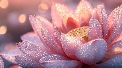A breathtaking close-up of a lotus flower bathed in early morning light, with dew drops sparkling like tiny jewels, soft pink hues blending with golden tones, ultra-realistic textures and depth.