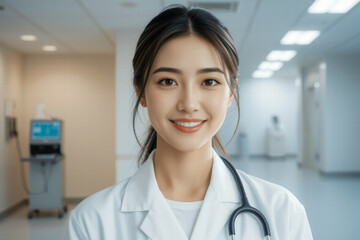 smiling female doctor in white coat with stethoscope in hospital corridor, exuding professionalism and care