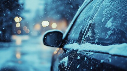 Soft snowflakes fall from the gray sky, covering a parked vehicle in a shimmering layer of white, while warm lights flicker in the blurred background, creating a serene atmosphere.