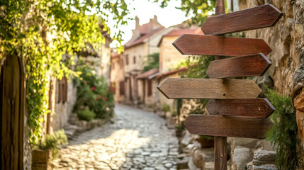 Fototapeta premium Wooden directional sign showing multiple destinations in charming medieval village