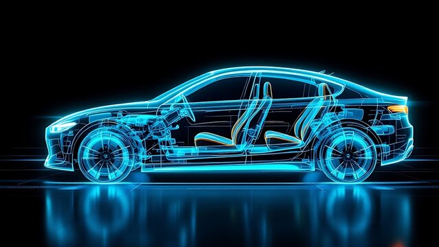 Blue hologram ordinary car, car structure, side view, black background