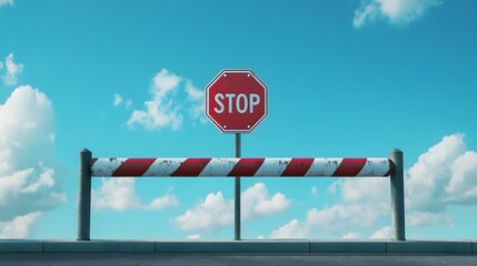 Red Stop sign with a striped barrier in front of a blue sky with clouds.