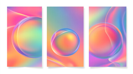 Fototapeta premium Three iridescent spheres with light reflections isolated on white background. Colorful banner design with 3d gradient background