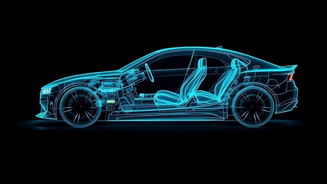 Blue hologram ordinary car, car structure, side view, black background