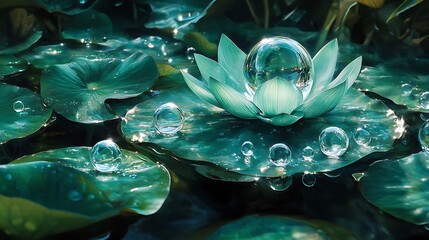 A close-up of a lotus leaf with water droplets forming crystal-clear spheres, reflecting light and nearby surroundings, vivid green tones and intricate details, cinematic realism. --ar 16:9