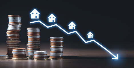 Arrow with houses. Housing market crash or decline