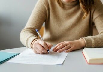 Close up of student writing notes while studying for exam or signing important document