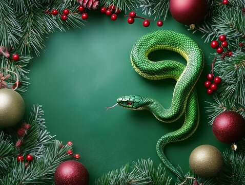 Christmas Background And A Green Snake