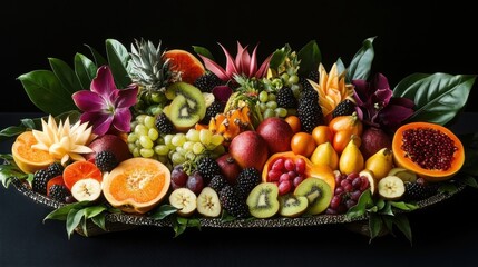 Vibrant exotic fruits, flowers; dark background.