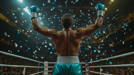 Triumphant Boxer with Blue Gloves Celebrating Victory in the Ring