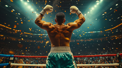 Muscular Boxer in White Gloves Celebrating with Arms Raised in Spotlight