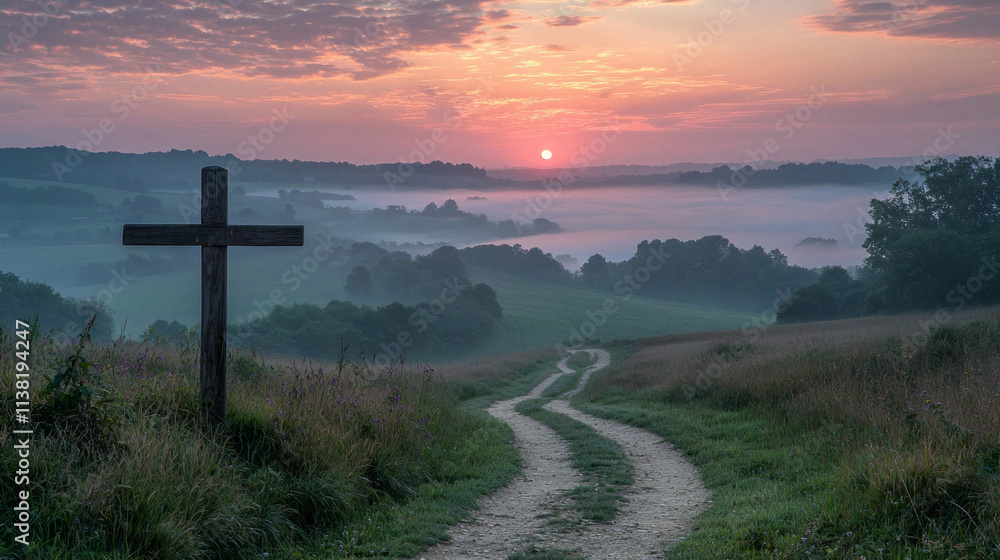 Poster A cross is standing in a field with a beautiful sunset in the background