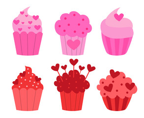 Set of Valentine Day Cupcakes. Vector flat illustration.