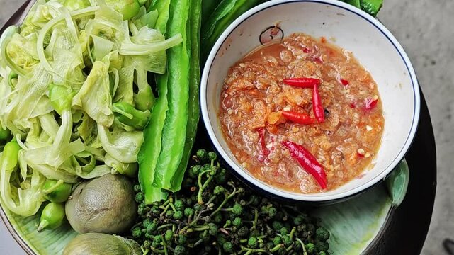 Shrimp paste chili dip with boiled vegetables