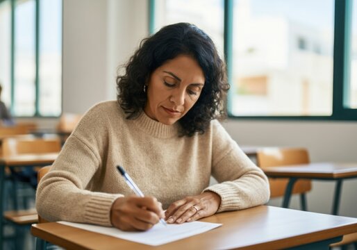 Concentrated mature student taking a written exam in a classroom setting, demonstrating focus and academic dedication