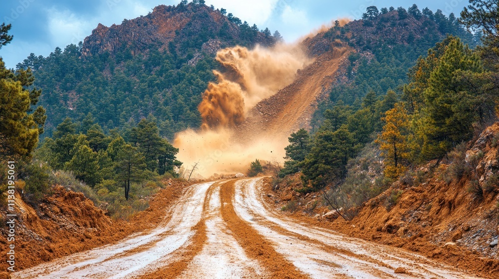 Poster landslide debris cascading down a mountain road, creating a dust cloud.
