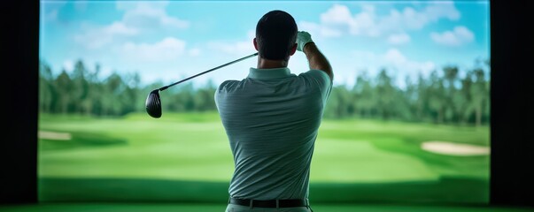 A golfer swings a club in front of a virtual golf simulator, showcasing a lush green course in a technology-enhanced indoor setting.