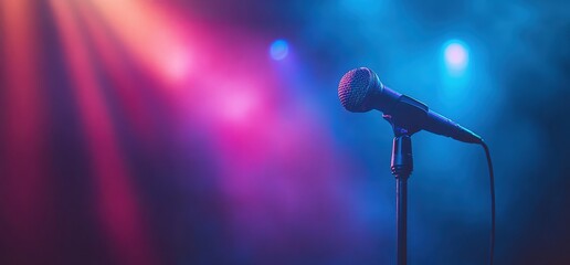 Obraz premium A microphone is on a stand in front of a colorful background