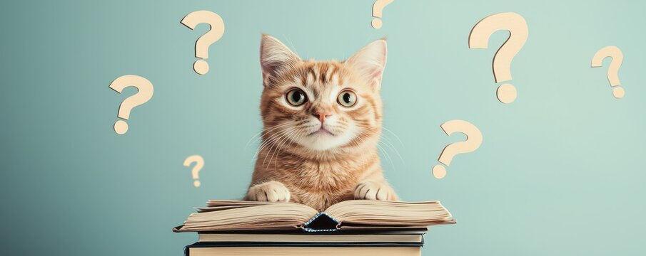 A curious cat sits atop an open book, surrounded by floating question marks, portraying a sense of wonder and inquiry.