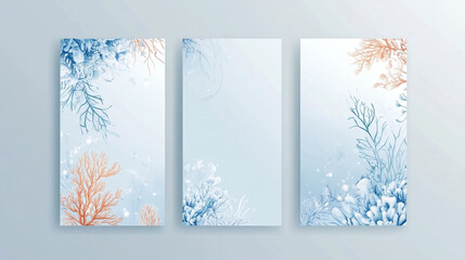 Set of cards templates with cute fish, seaweeds, seashells, water bubbles, blue watercolor splashes. Beautiful floral frame wedding invitation card template