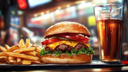 Burger, fries, soda; delicious meal.