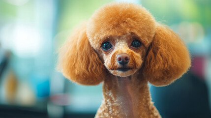 Adorable poodle with fluffy coat at grooming salon