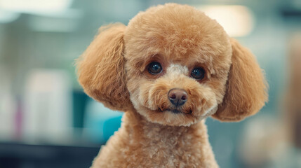 Charming poodle with fresh grooming in a salon setting