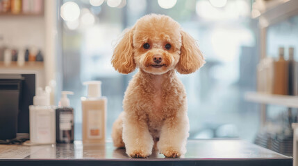Adorable poodle at a grooming salon with stylish haircut