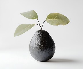 A clean, isolated avocado with leaves on a pure white background, presented from a front perspective