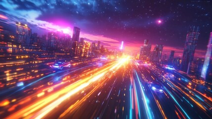Flying cars, neon city, night. Speed, vibrant.