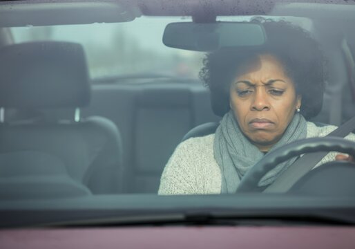 Senior black woman driving car and feeling frustrated by bad weather conditions