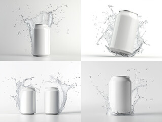 white can of energy drink with water splash, isolated on a white background