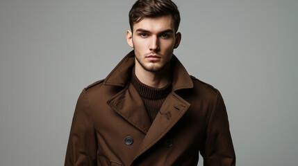 Obraz premium Stylish young man in trendy brown coat fashion portrait