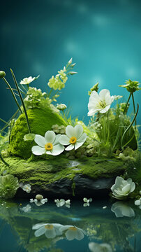 Botanical Flowers Stand Background, Flowers, Moss, Water, Greenery