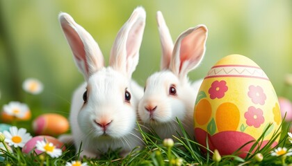 Obraz premium Easter holiday theme image with a cute white rabbit with hand painted and colored eggs for children or to celebrate the da