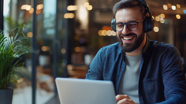 Smiling businessman wearing headphones during remote work session