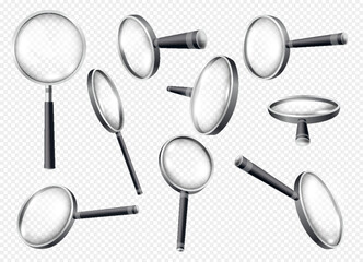Magnifiying glass black set. Loupes for investigations and researching. Zoom equipment of different angles on copy space. Realistic isometric vector collection isolated on transparent background